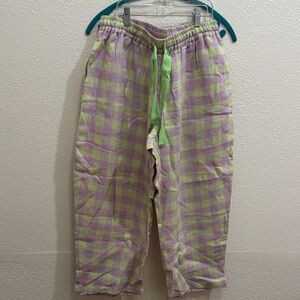 Beyond Nine 
100% linen Plaid Pajama Pants in Green and Purple